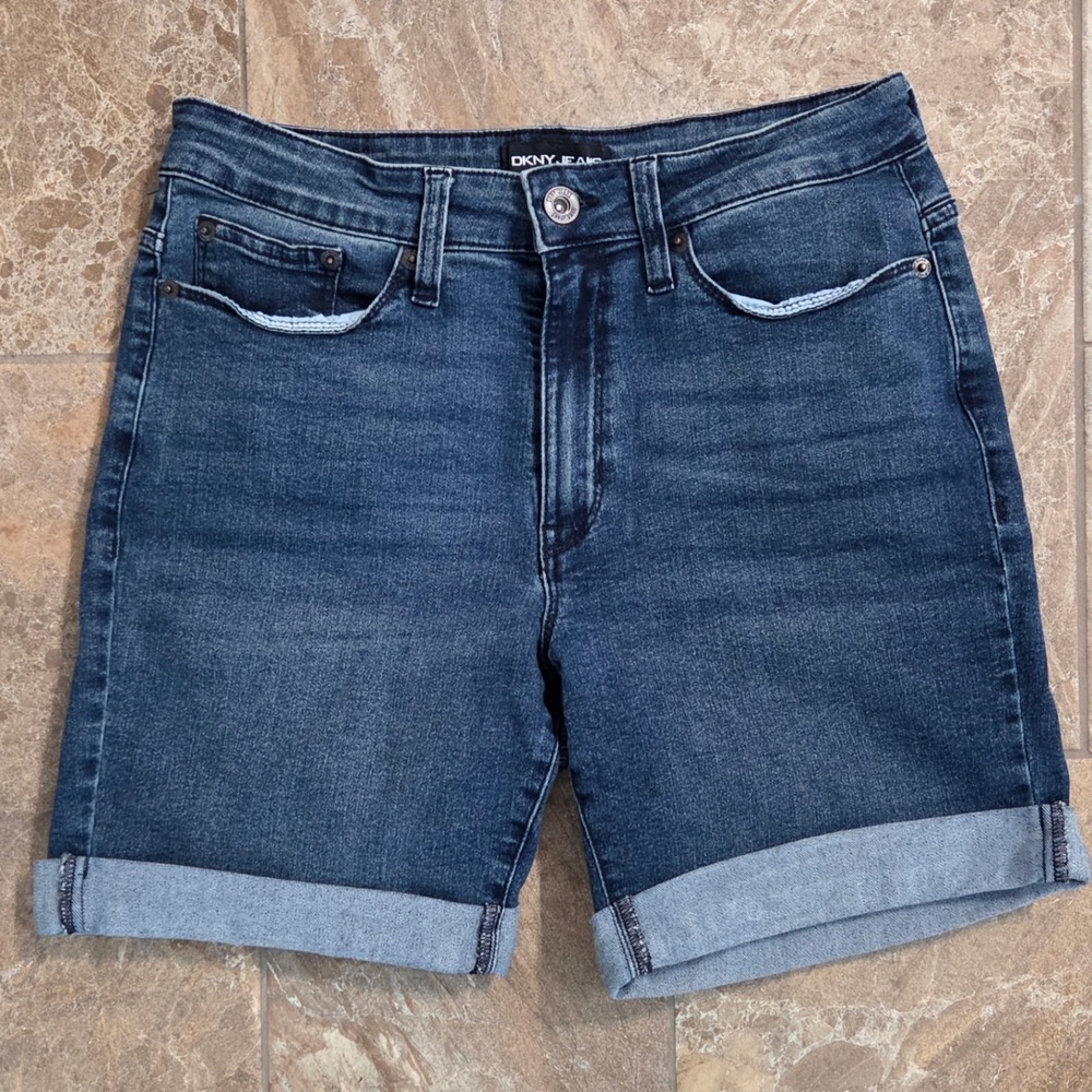 DKNY Jeans Womens Size 4 Dark Wash Cuffed Denim Shorts High Rise Stretch Blue